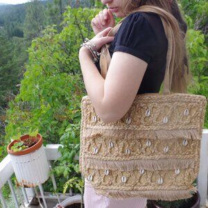 New  Isla Jute  Bag With Sea  Shells Tote  By Sat & umber